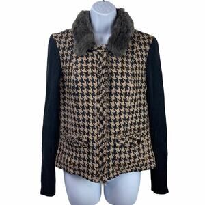 CAbi Houndstooth Wool Blend Faux Fur Collar Jacket Sz 4